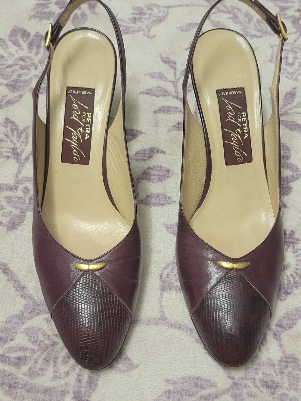 Lord & Taylor Burgundy Leather Slingback Mules with Gold Accent